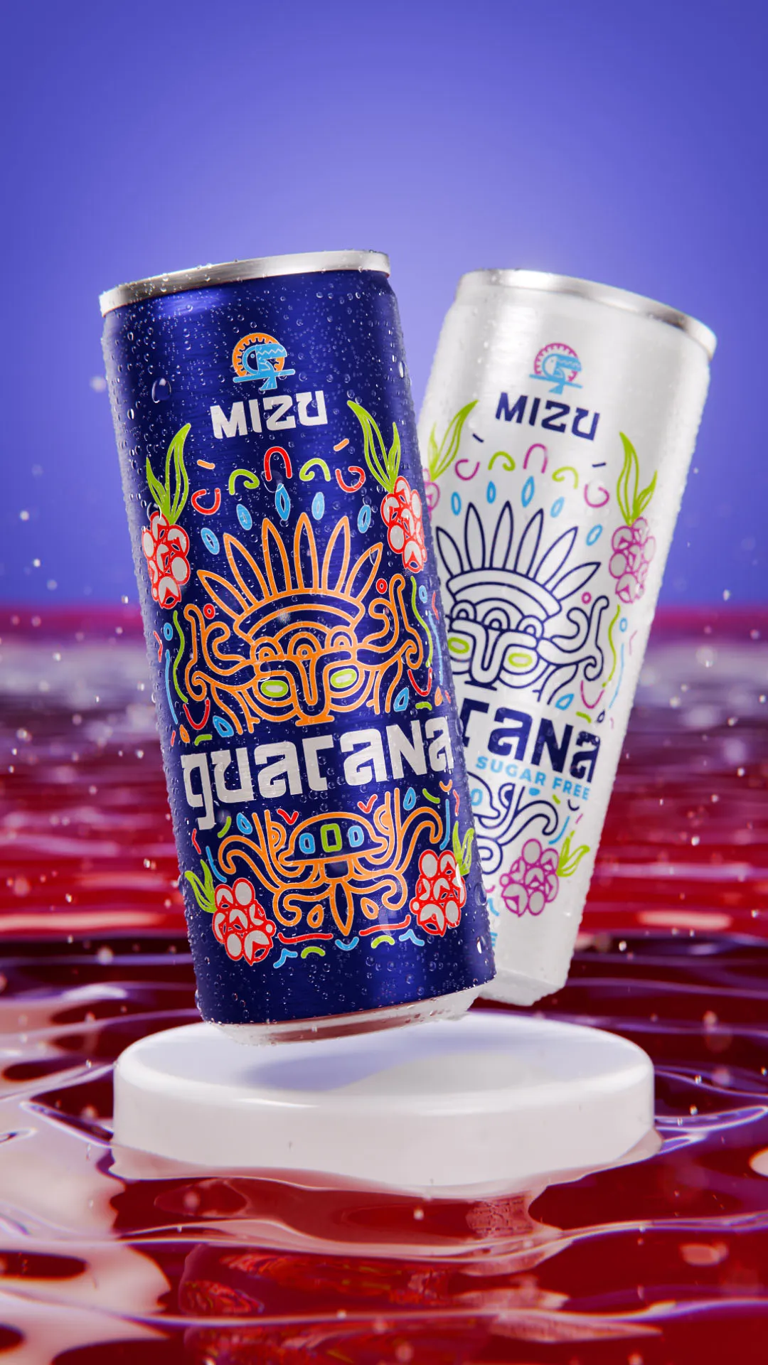 Still from the vertical MIZU Guarana cut, the dark blue original and white sugar-free cans floating above a rippling red liquid surface