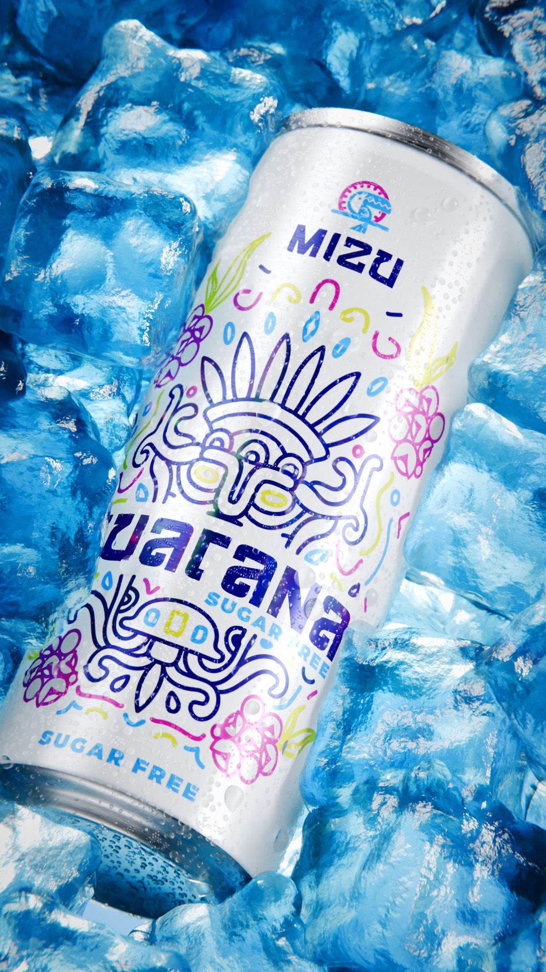 White MIZU Guarana Sugar Free drink can resting on a bed of blue ice cubes, printed with a colourful Aztec-inspired label, vertical 3D CGI product render
