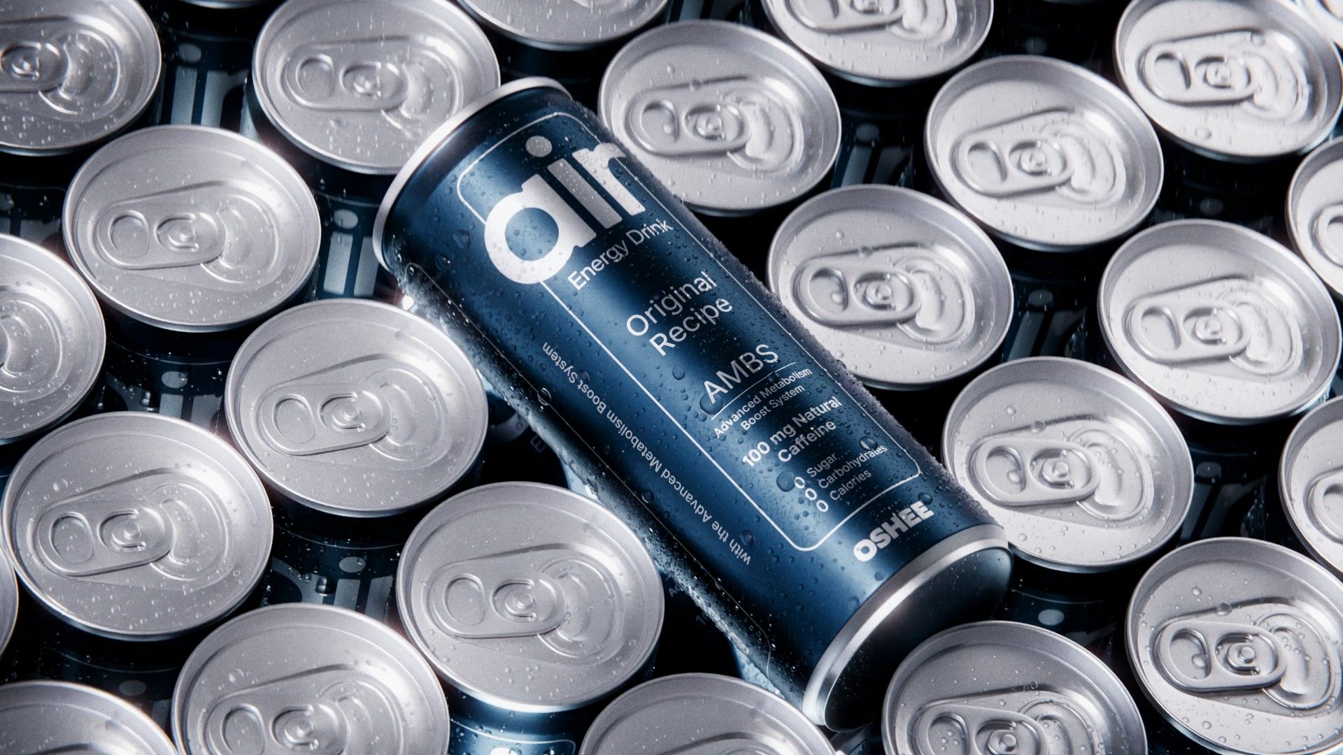 A single navy-blue OSHEE air Energy Drink can, Original Recipe, resting diagonally across a bed of matching cans shot from above, 3D CGI product render