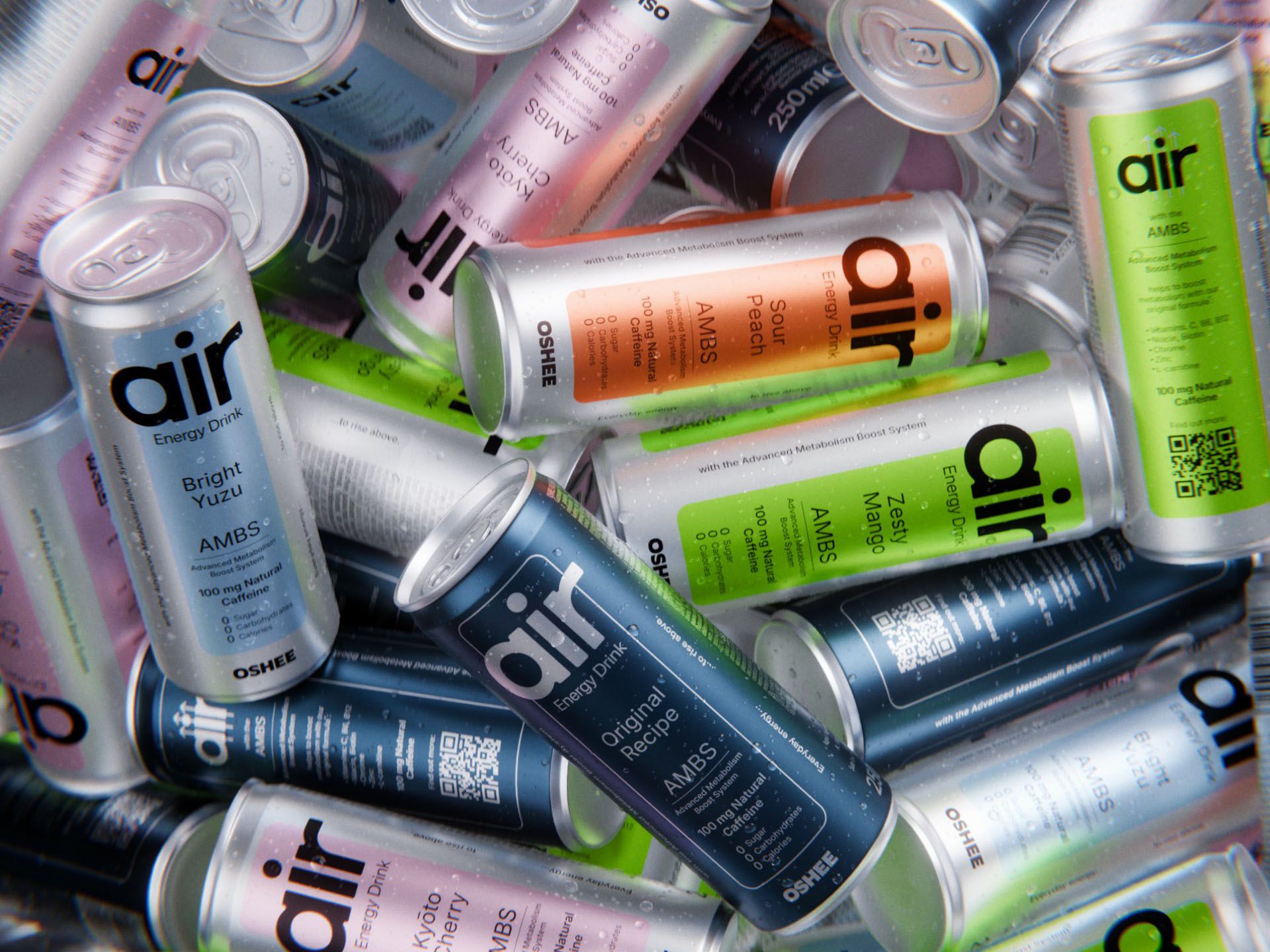 A pile of OSHEE air Energy Drink cans in every flavour: Original Recipe, Bright Yuzu, Zesty Mango, Sour Peach and Kyōto Cherry, tumbled together and beaded with condensation, 3D CGI product render