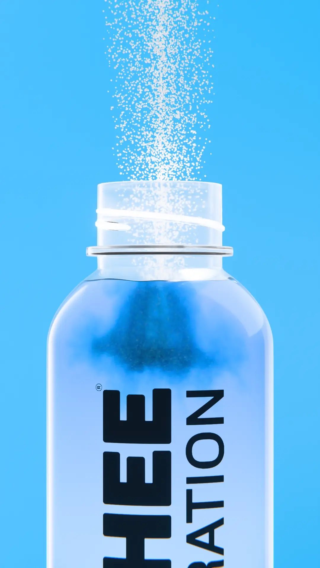 Macro close-up of an OSHEE Hydration water bottle neck with white electrolyte powder pouring in and a blue swirl forming inside, on a blue background, vertical 3D CGI product render