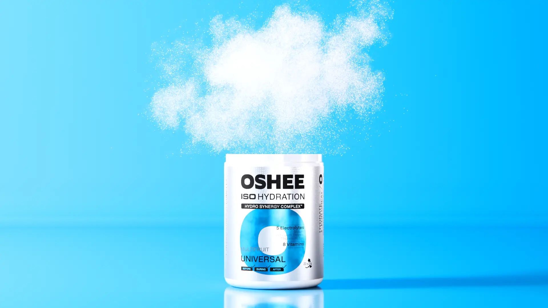 A tub of OSHEE ISO Hydration Universal Multifruit powder, lid off, with a cloud of white powder bursting from the top against a blue background, 3D CGI product render