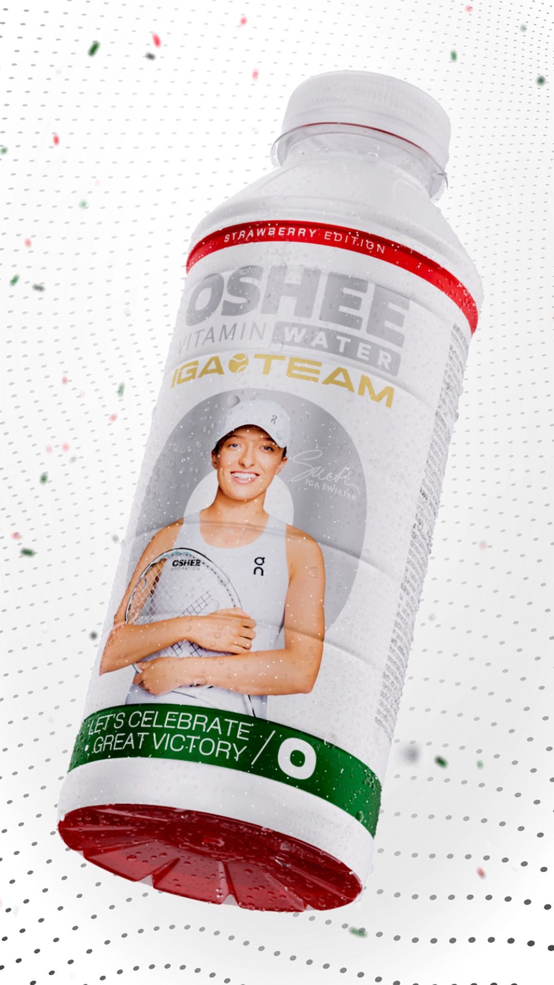 White OSHEE Vitamin Water Strawberry Edition bottle featuring tennis player Iga Świątek and a 'Let's Celebrate Great Victory' band, on a speckled white background, 3D CGI product render