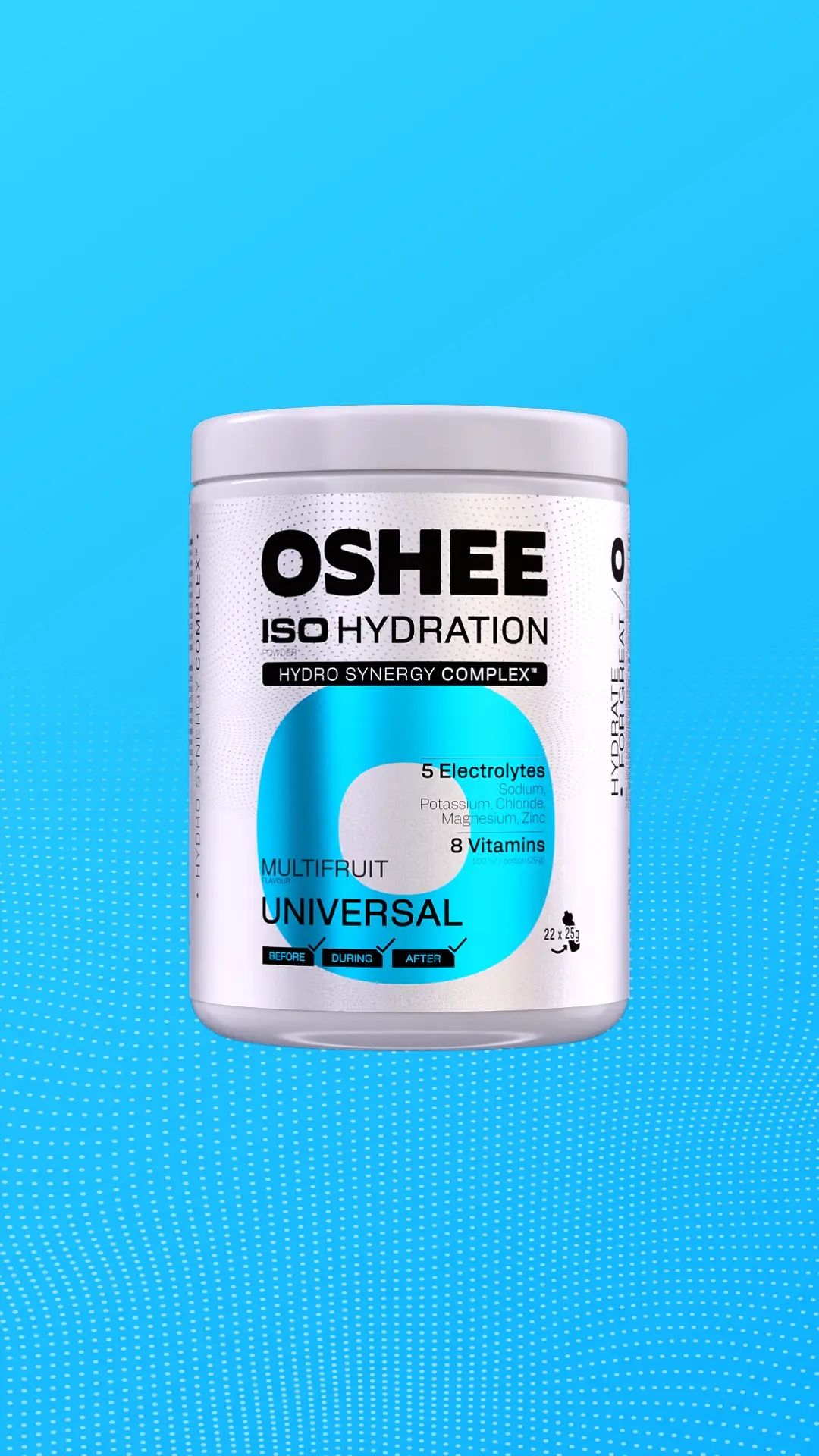 Clean studio shot of an OSHEE ISO Hydration Universal Multifruit powder tub on a blue background, vertical 3D CGI product render