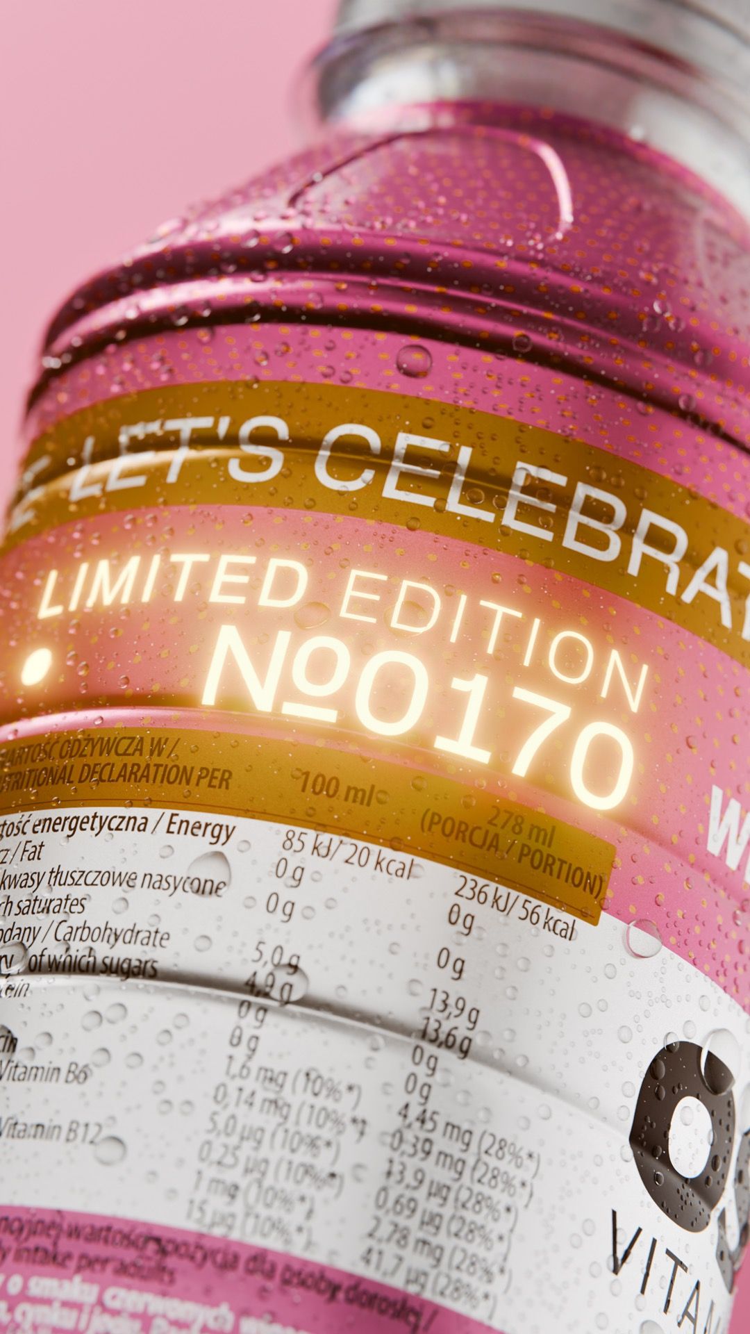 Macro close-up of a pink OSHEE Vitamin Water bottle label beaded with condensation, reading 'Let's Celebrate: Limited Edition №0170', 3D CGI product render