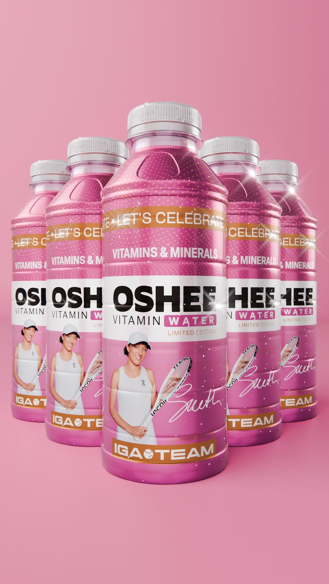 Line-up of six identical pink OSHEE Vitamin Water Limited Edition bottles, IGA TEAM label with tennis player Iga Świątek, arranged in formation on a pink background, 3D CGI product render