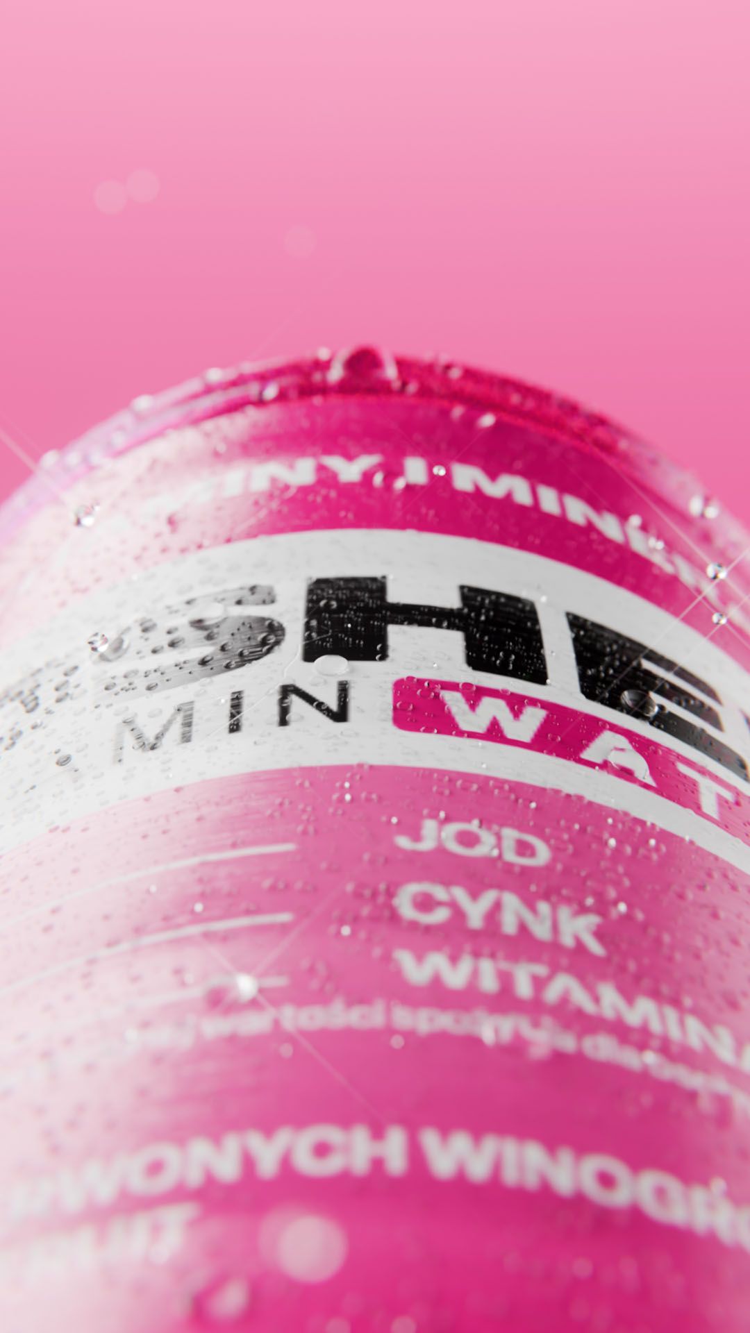 Macro close-up of the top of a pink OSHEE Sparkling Vitamin Water can, covered in fresh condensation droplets against a pink background, vertical 3D CGI product render