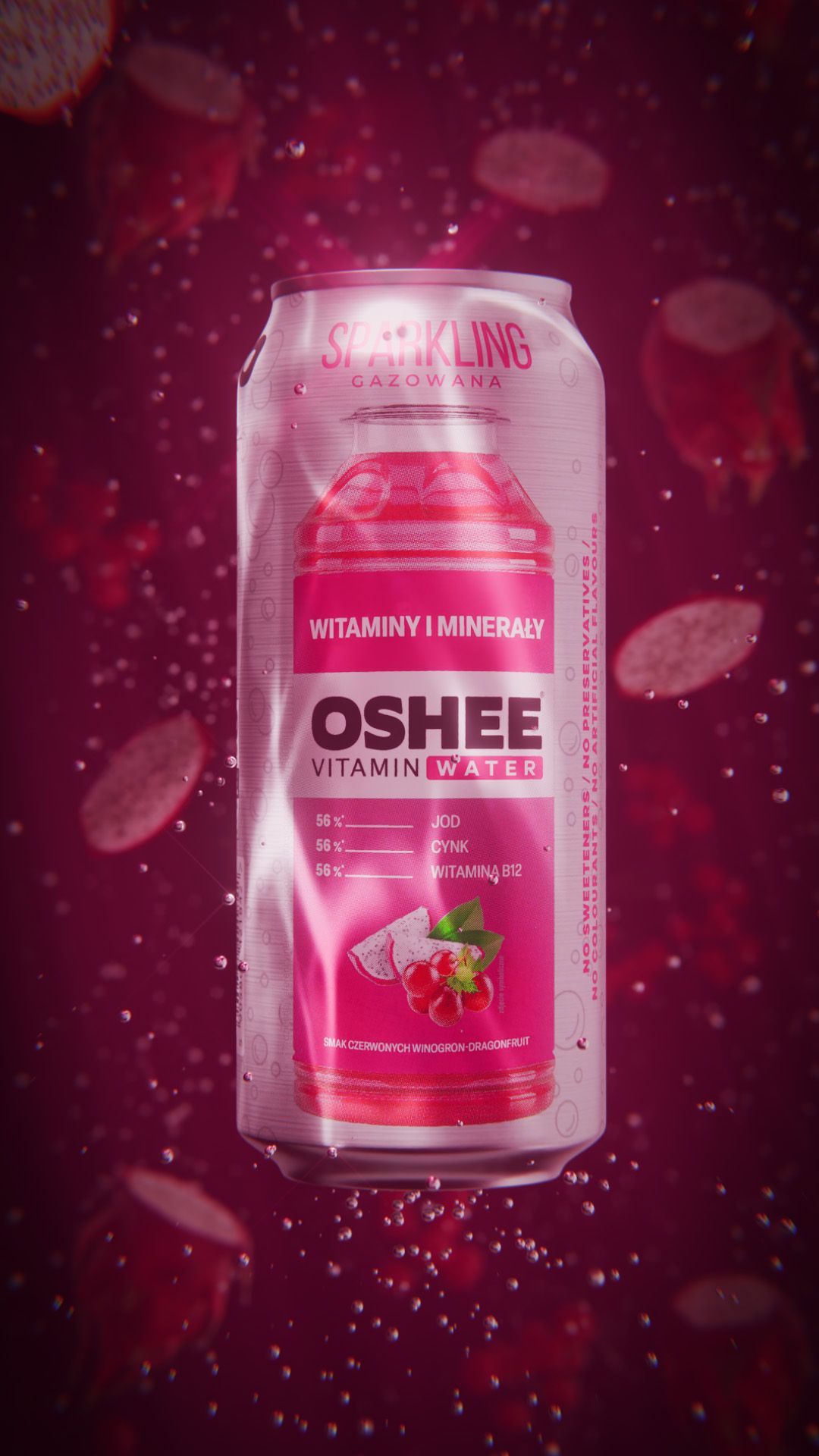 OSHEE Sparkling Vitamin Water can, red grape and dragon fruit flavour, suspended in deep magenta water among drifting dragon fruit slices and bubbles, 3D CGI product render