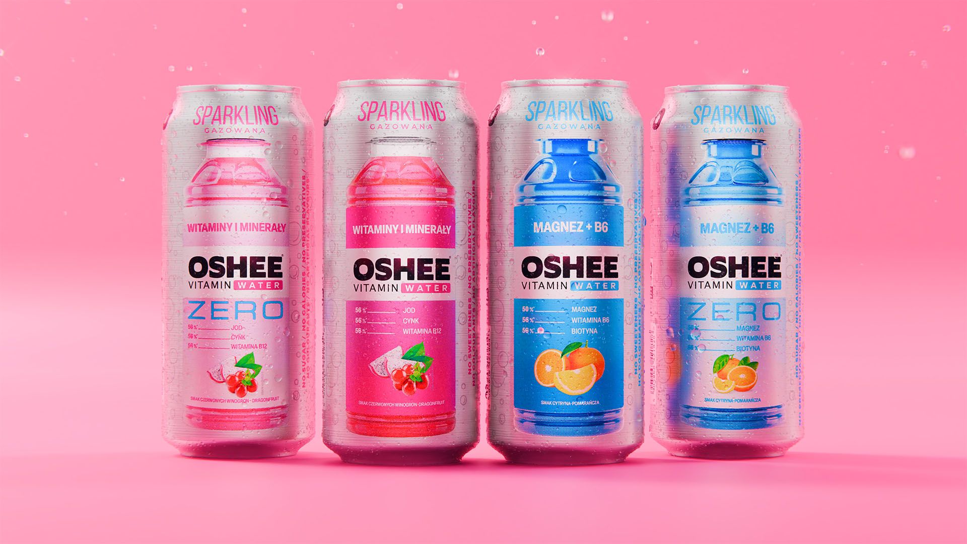 Four OSHEE Sparkling Vitamin Water cans lined up on a pink background: red grape and dragon fruit, and magnesium plus B6 lemon-orange, beaded with condensation, 3D CGI product render