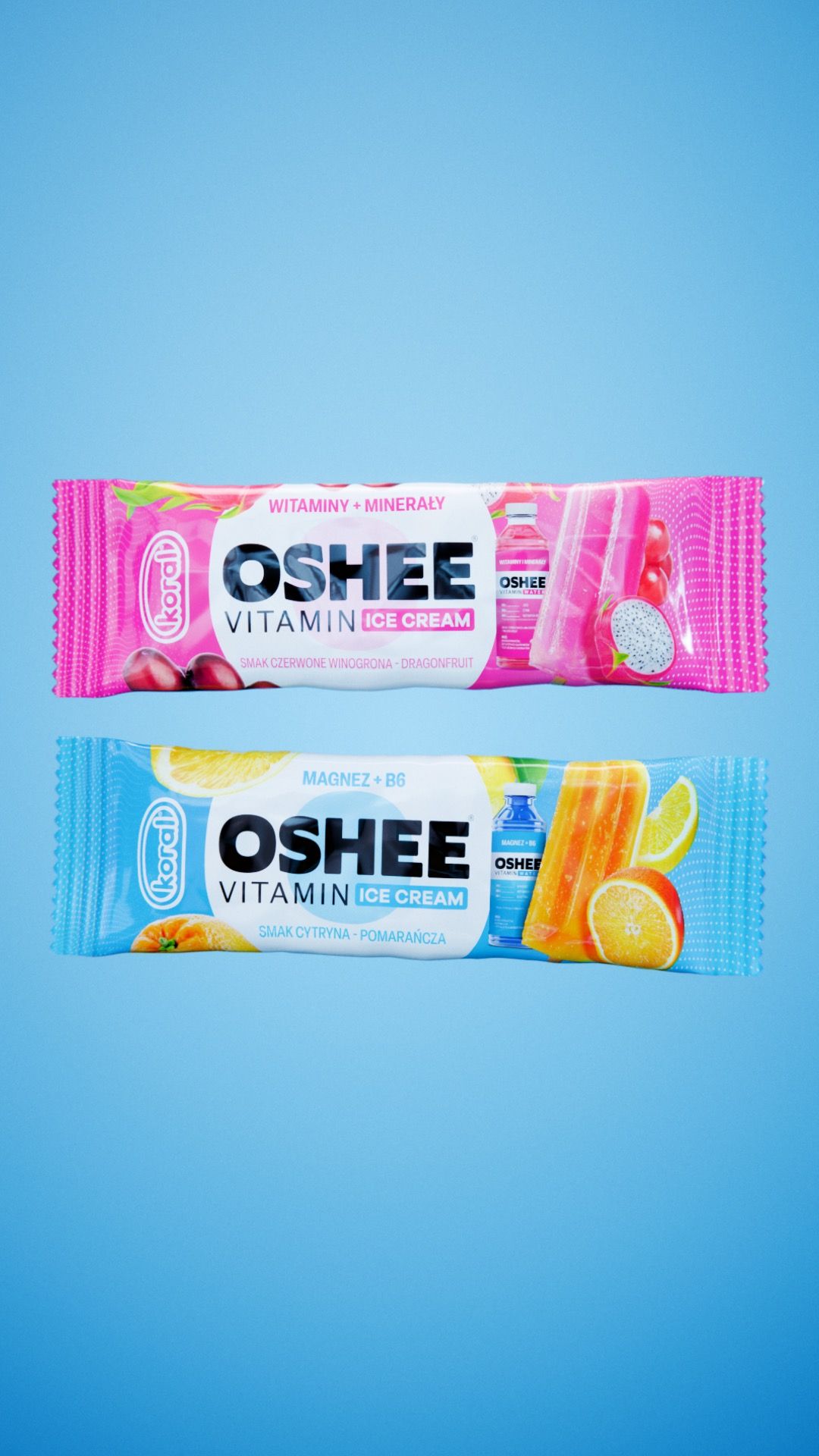 Two OSHEE Vitamin Ice Cream packets made with Koral, red grape and dragon fruit, and lemon-orange with magnesium and B6, laid flat on a plain blue background, 3D CGI render