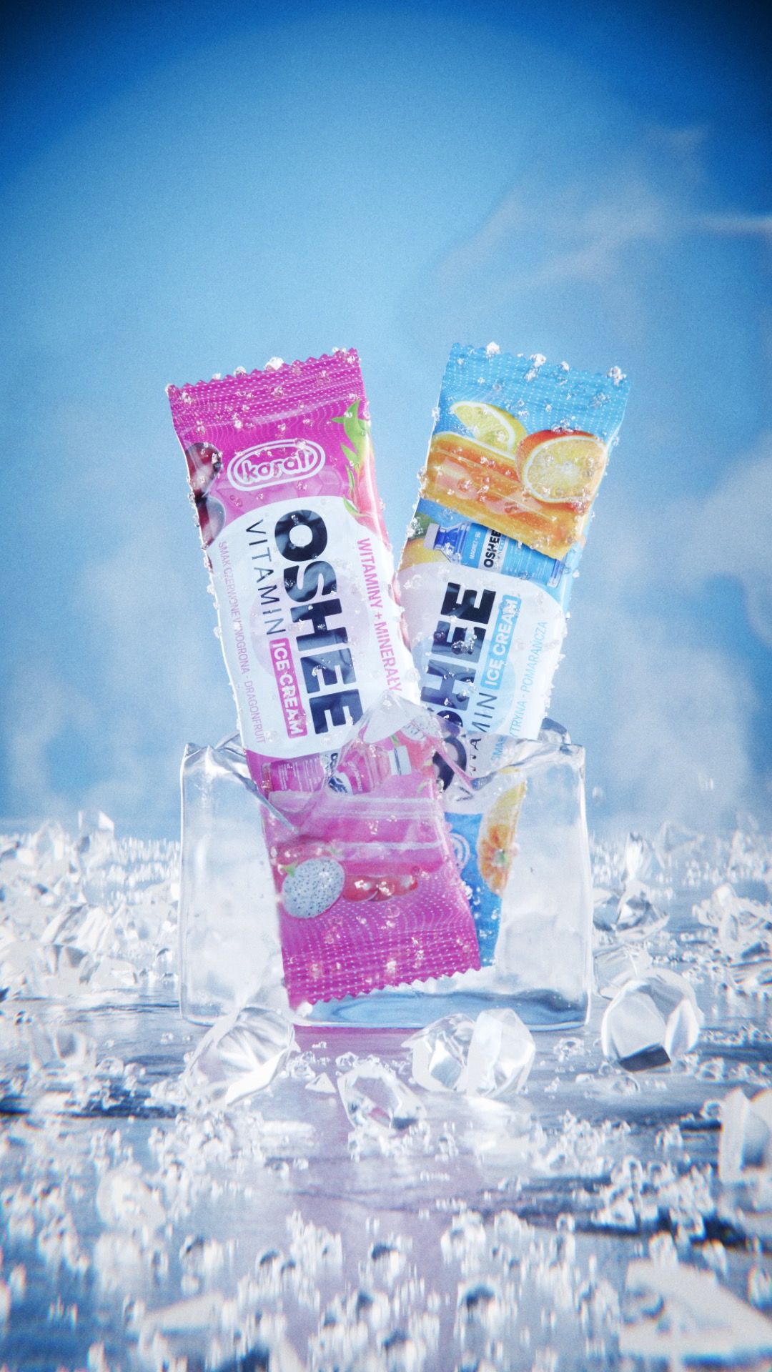 Two OSHEE Vitamin Ice Cream popsicles made with Koral, red grape and dragon fruit, and lemon-orange, bursting out of a clear ice cube over crushed ice against a blue sky, 3D CGI render
