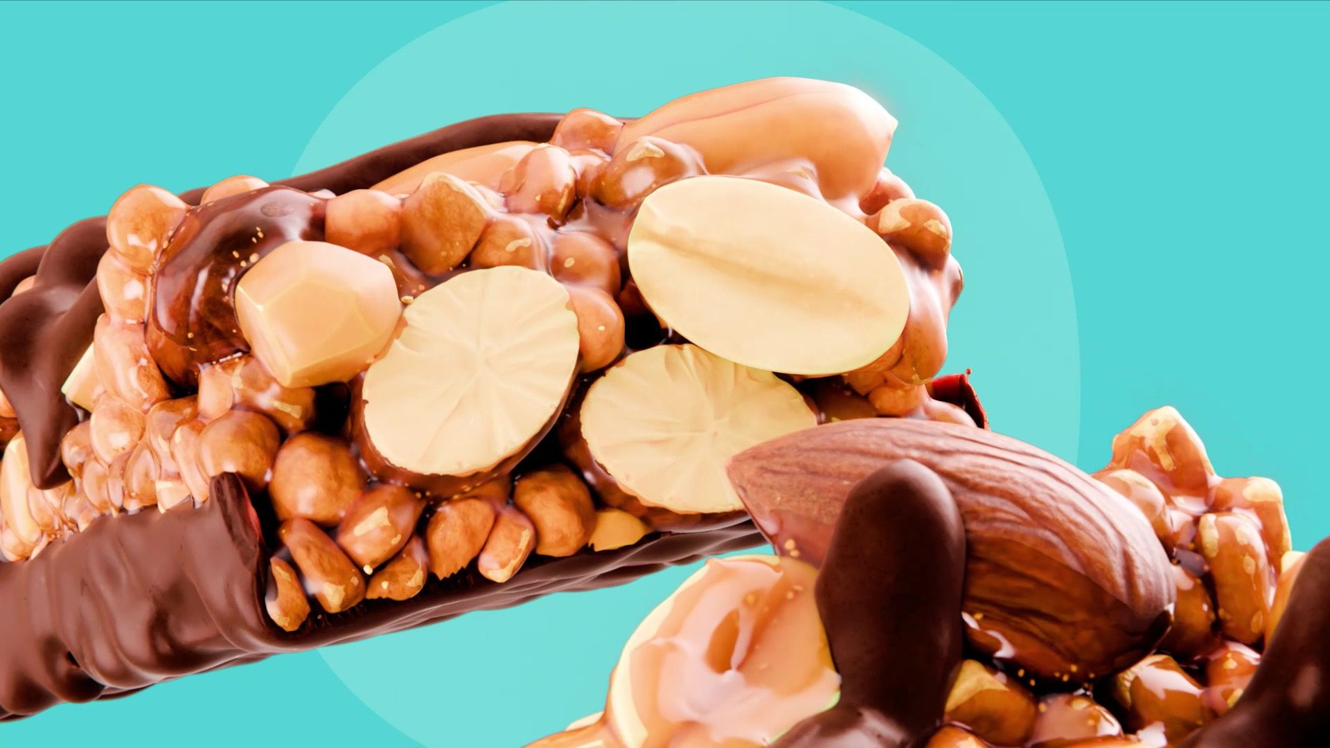 Wide macro of an OSHEE Wholenut bar broken open, its chocolate shell revealing whole almonds, peanuts and caramel filling, on a teal background, 3D CGI product render