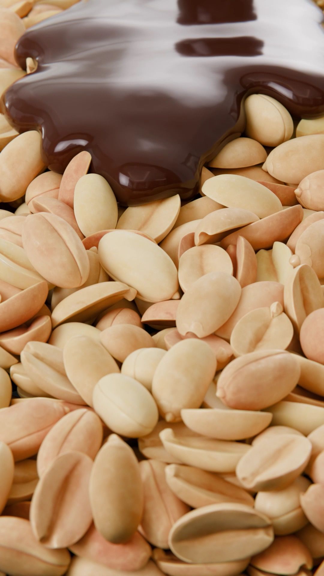 Macro close-up of melted chocolate pooling over a bed of blanched peanuts, vertical 3D CGI render