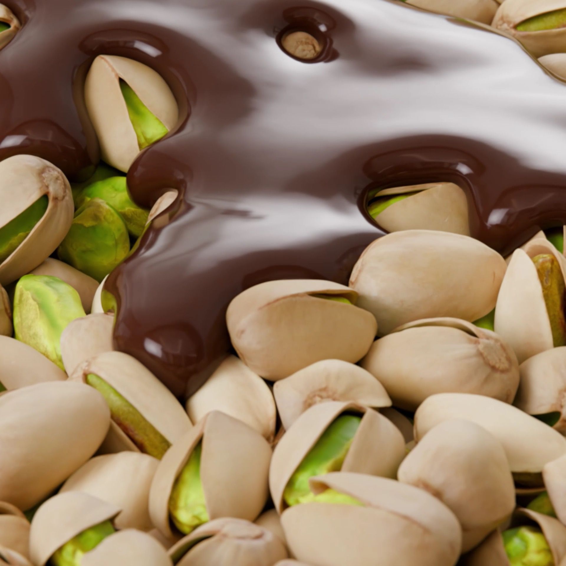 Macro close-up of melted chocolate flowing over a bed of shelled pistachios, 3D CGI render