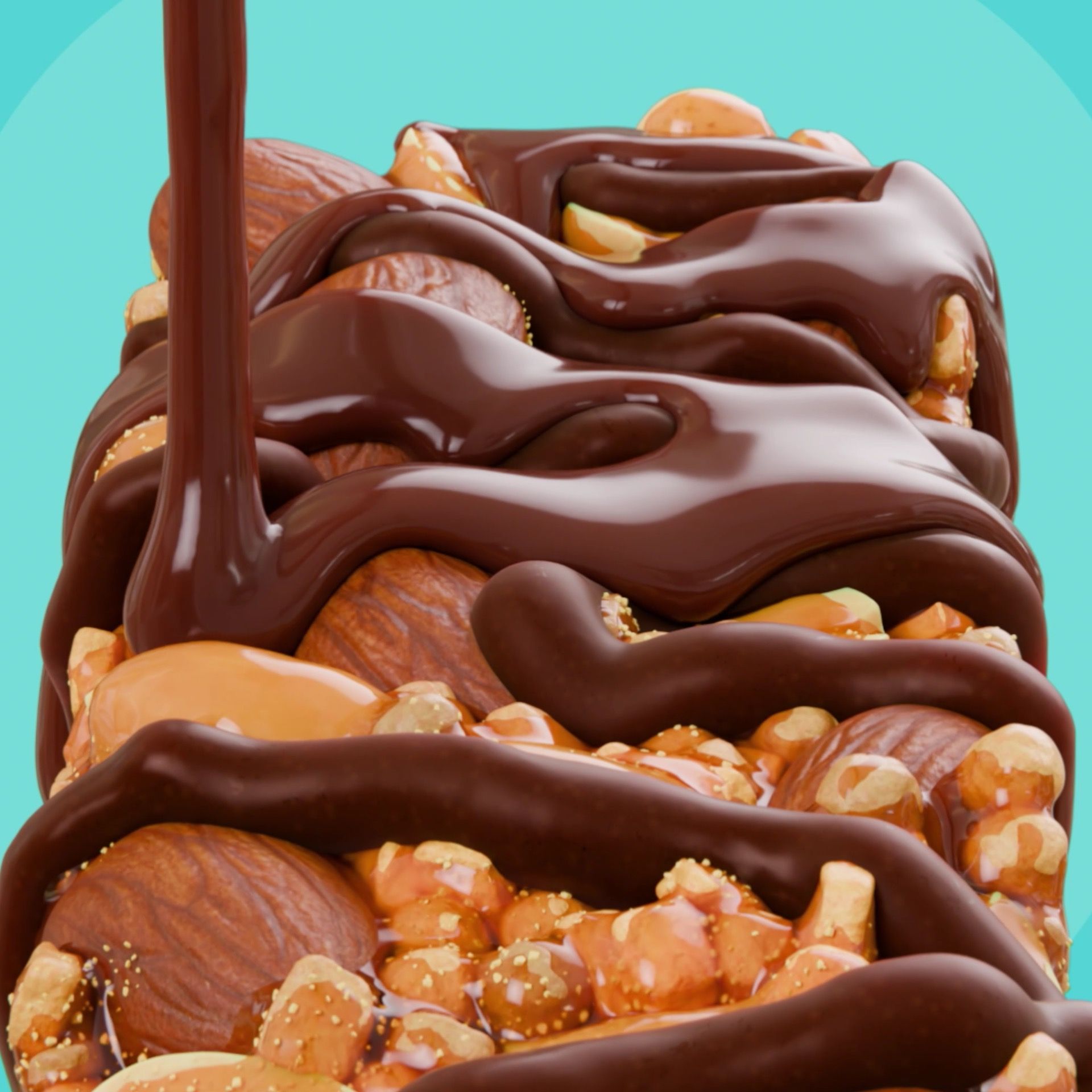 Melted chocolate pouring over an OSHEE Wholenut bar packed with whole almonds, hazelnuts and caramelised peanuts, on a teal background, 3D CGI product render