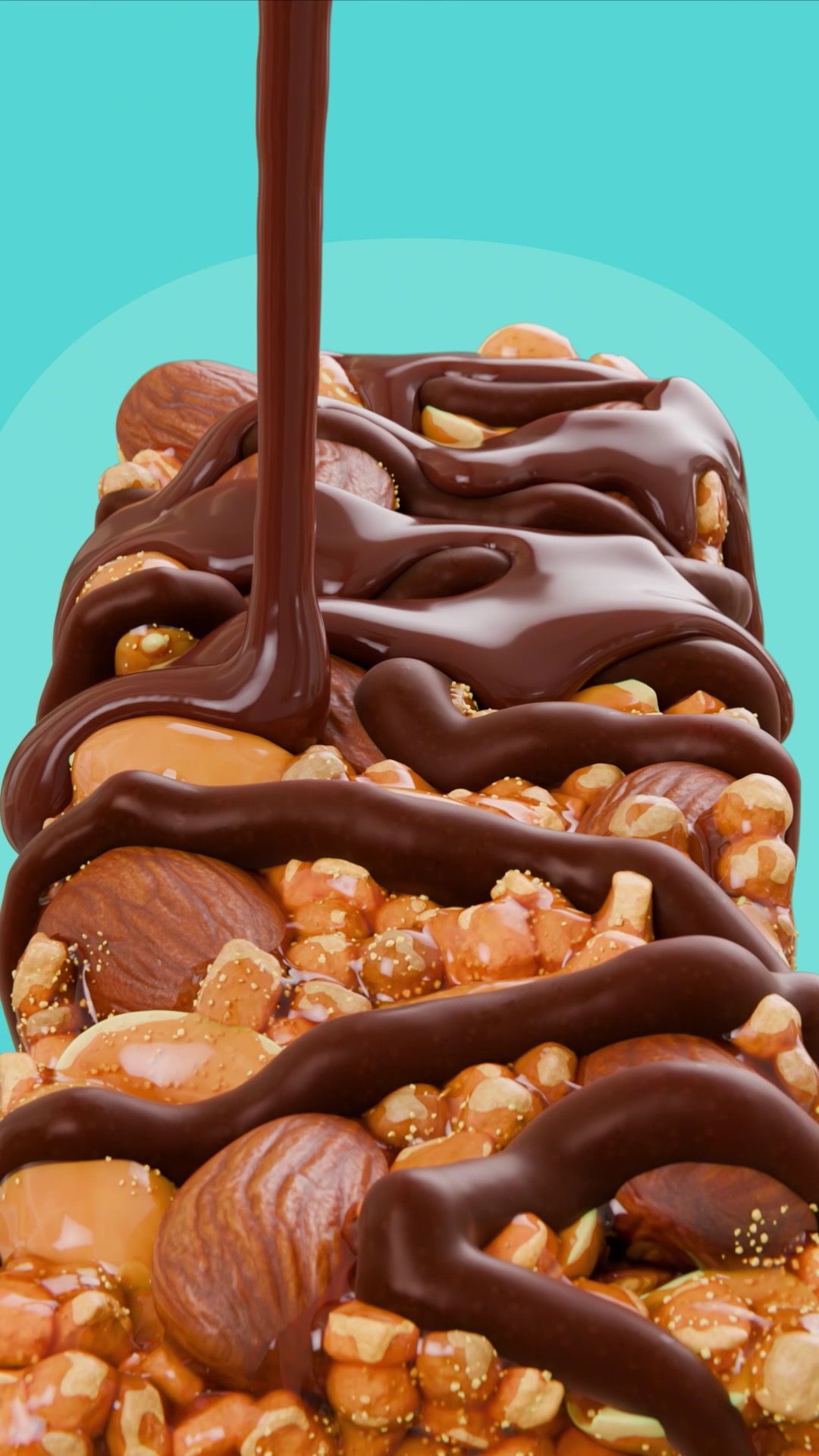 Melted chocolate pouring down over an OSHEE Wholenut bar packed with almonds and caramelised peanuts, on a teal background, vertical 3D CGI product render