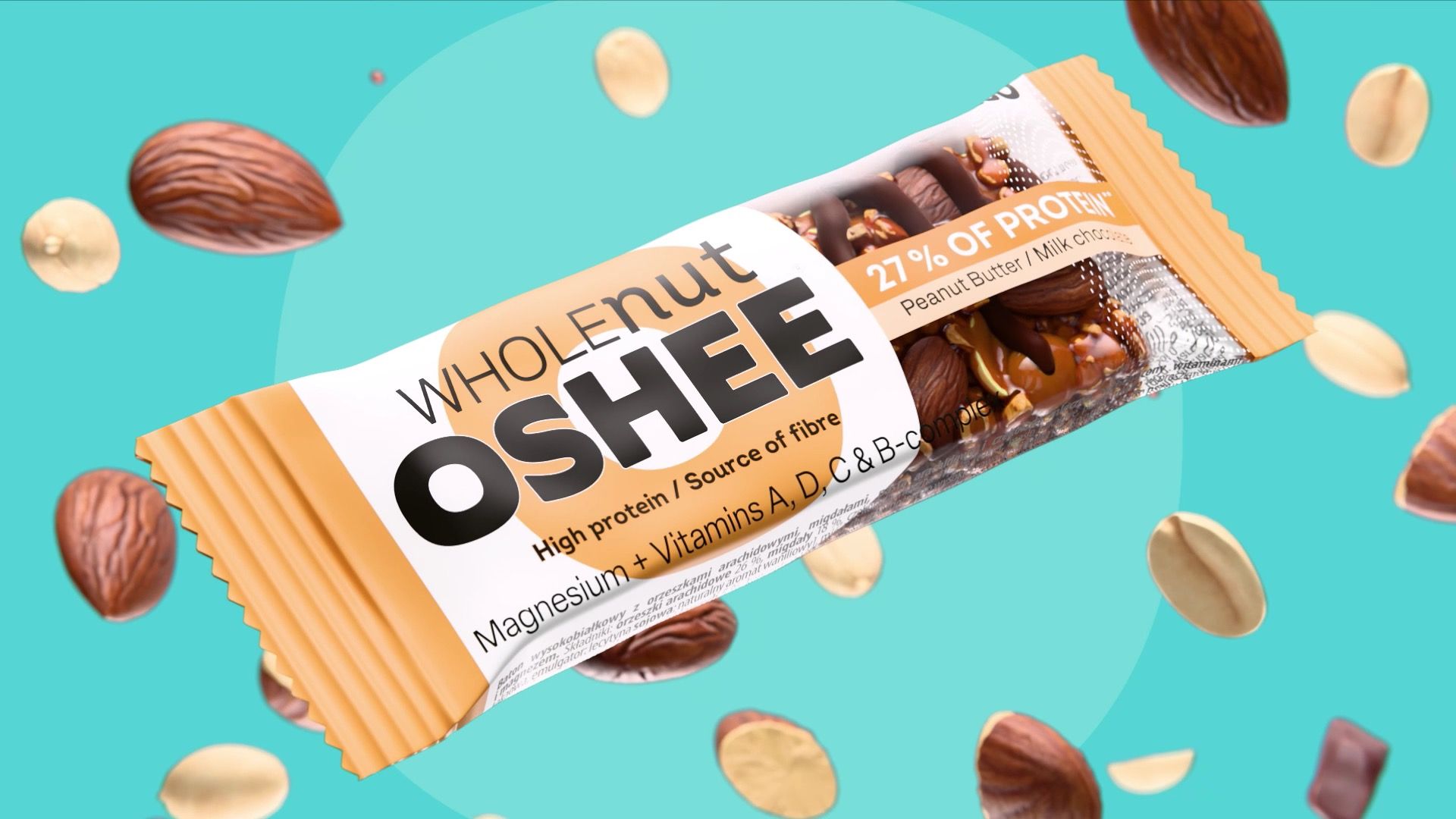 OSHEE Wholenut Peanut Butter and milk chocolate protein bar, 27% protein, tilted diagonally in its wrapper amid airborne almonds and peanuts on a teal background, 3D CGI product render