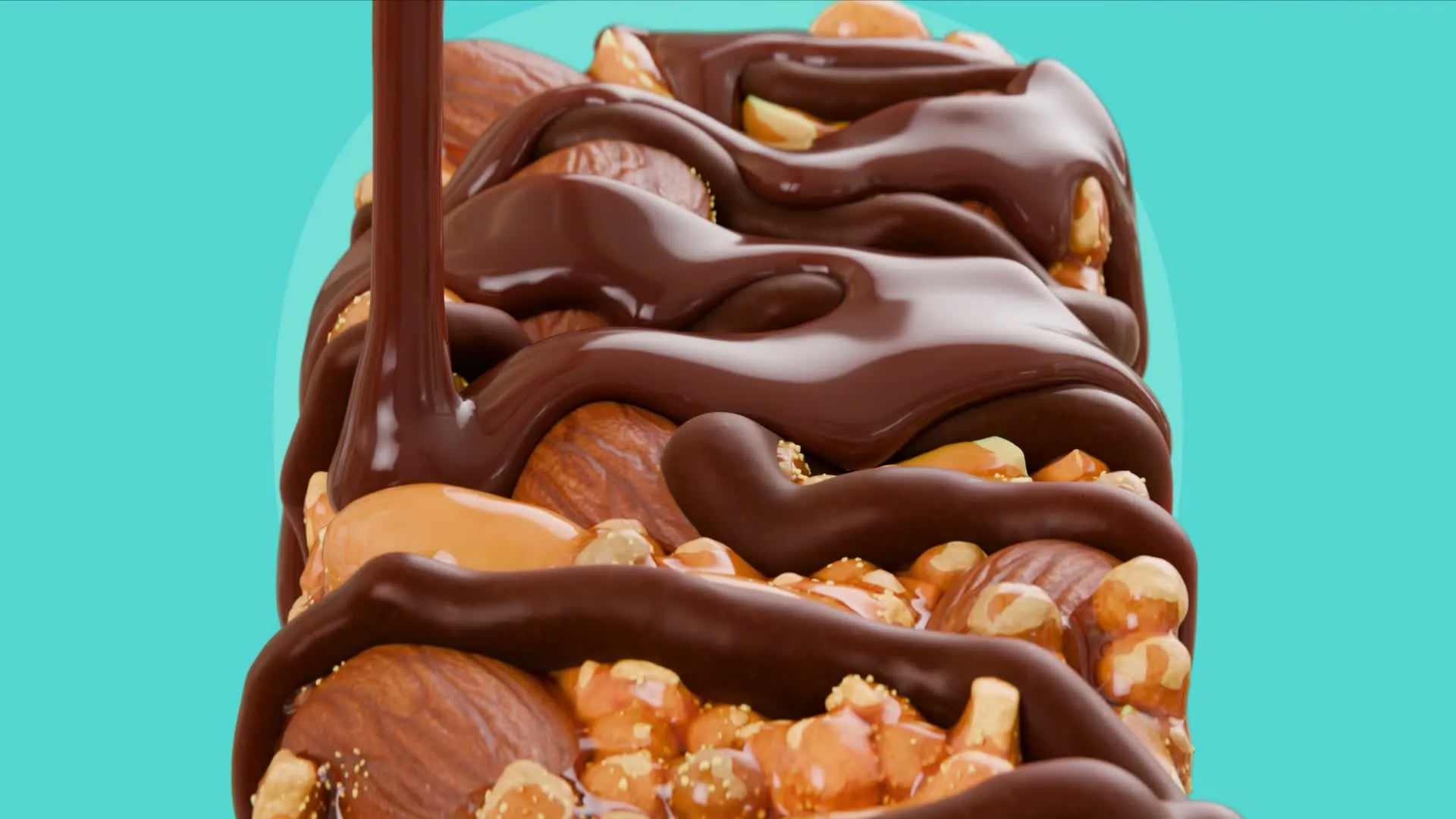 Melted dark chocolate pouring over an OSHEE Wholenut bar packed with almonds, hazelnuts and peanuts, on a teal background, 3D CGI render