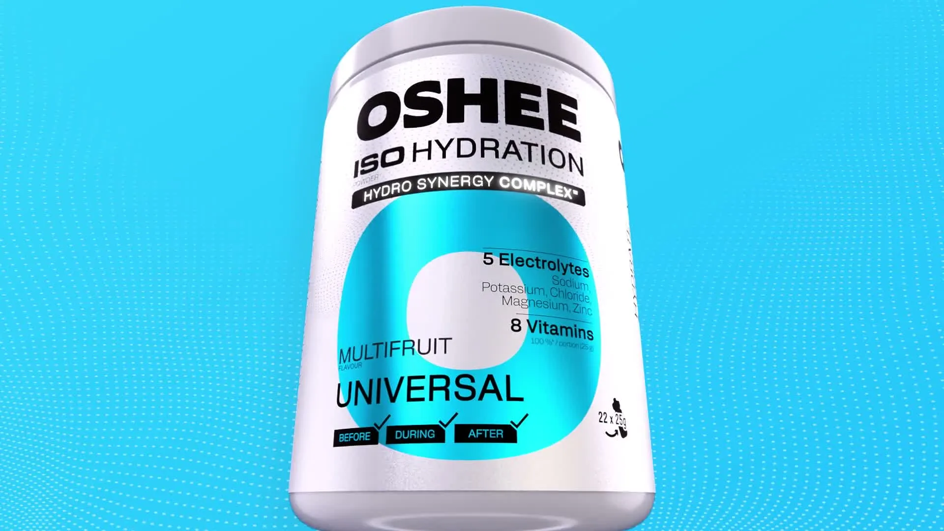 A tub of OSHEE ISO Hydration Universal Multifruit powder against a blue background, 3D CGI product render
