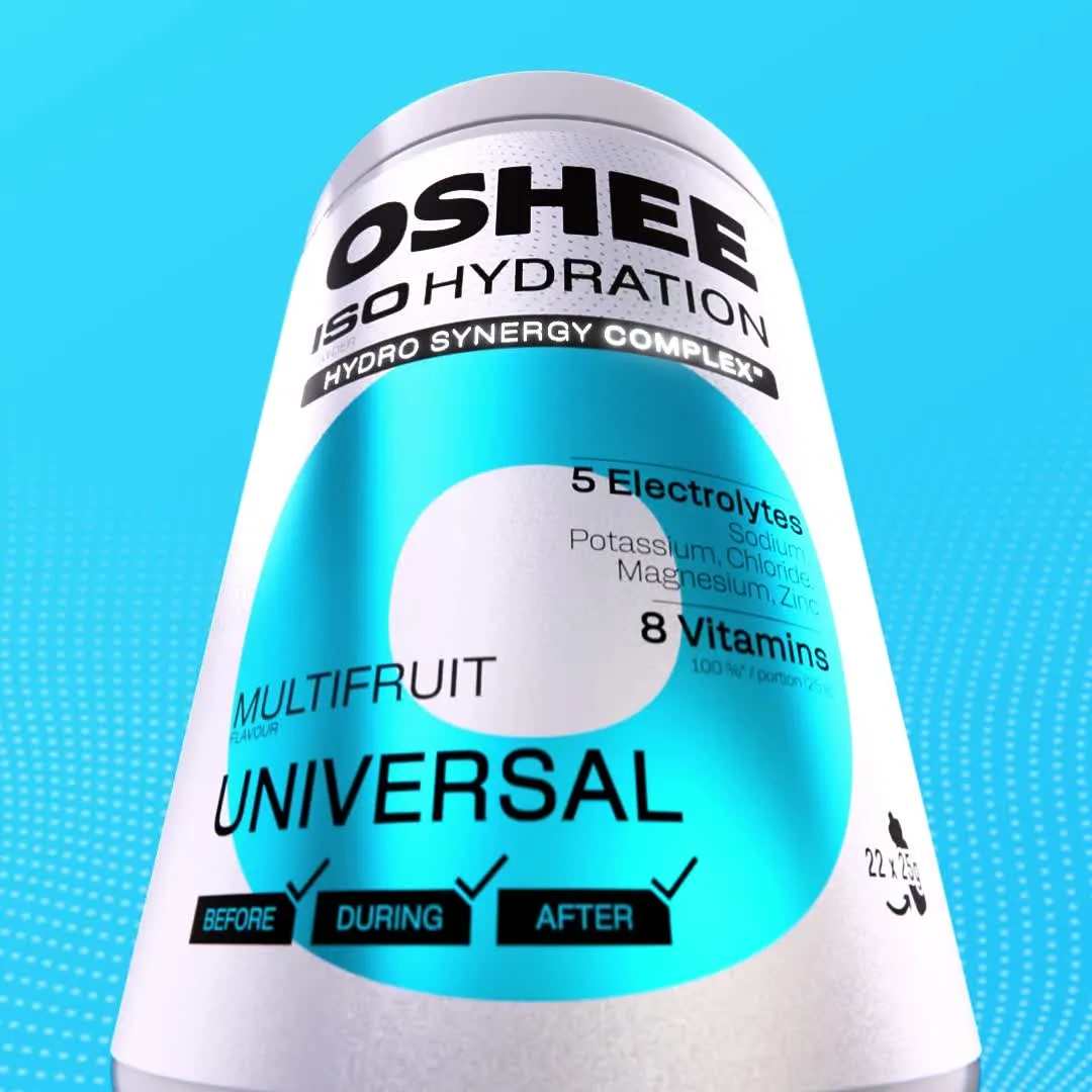 Square frame from the OSHEE Hydration animation, a close-up of the powder tub label against a blue background