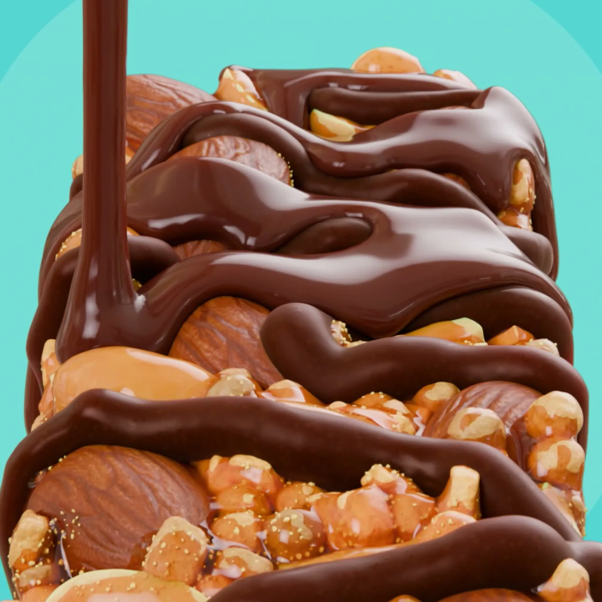Square frame from the OSHEE Wholenut animation, melted chocolate pouring over the nut-packed bar on a teal background