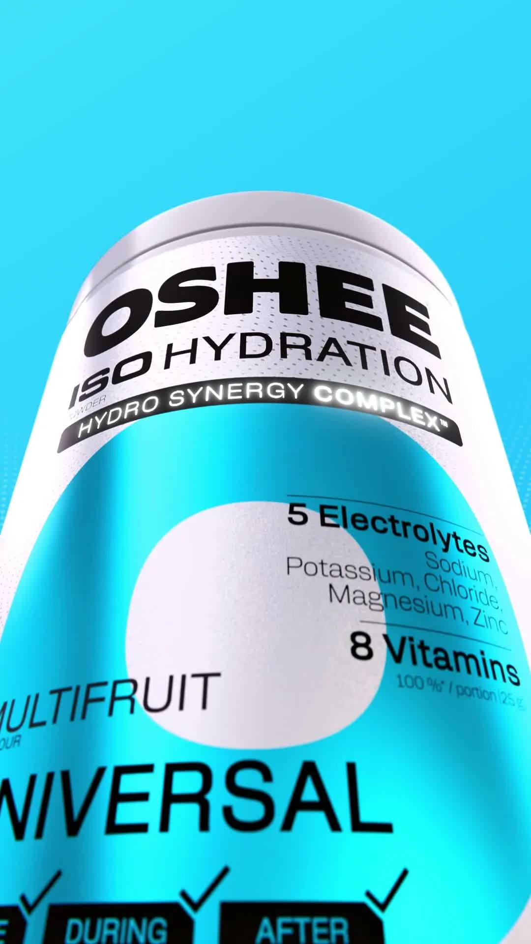 Vertical frame from the OSHEE Hydration animation, a close-up of the powder tub label against a blue background