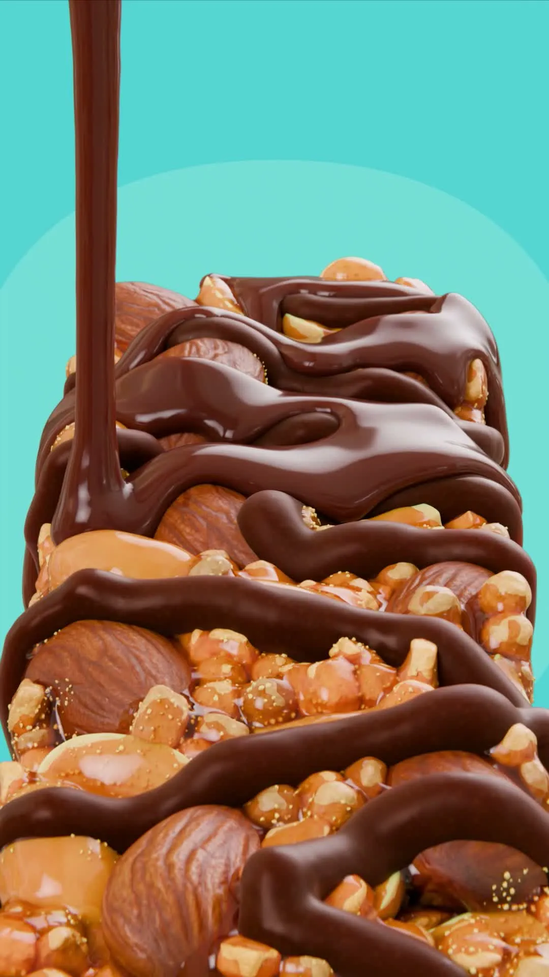 Vertical frame from the OSHEE Wholenut animation, melted chocolate pouring over the nut-packed bar on a teal background