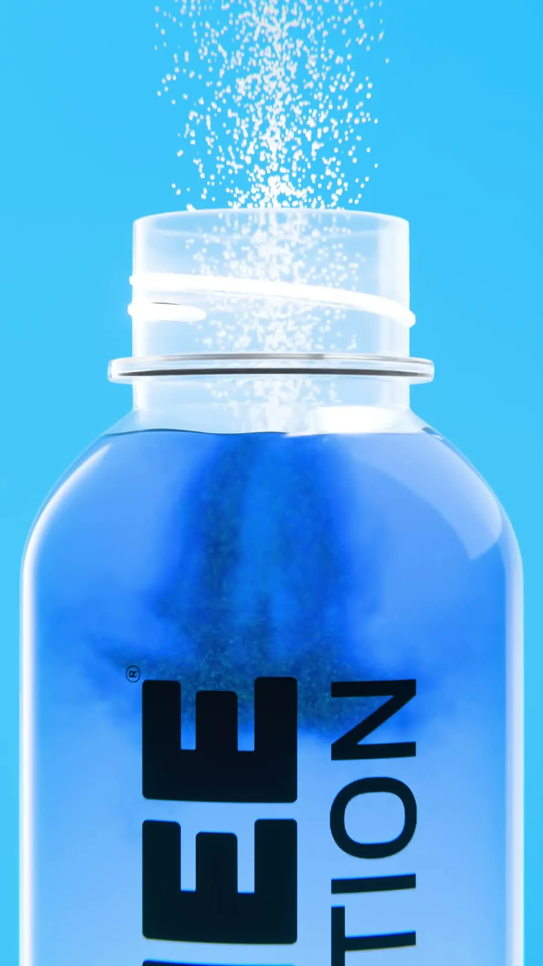 Close-up of an open blue OSHEE Hydration bottle with white powder pouring down into it from above, against a light blue background, 3D CGI product render