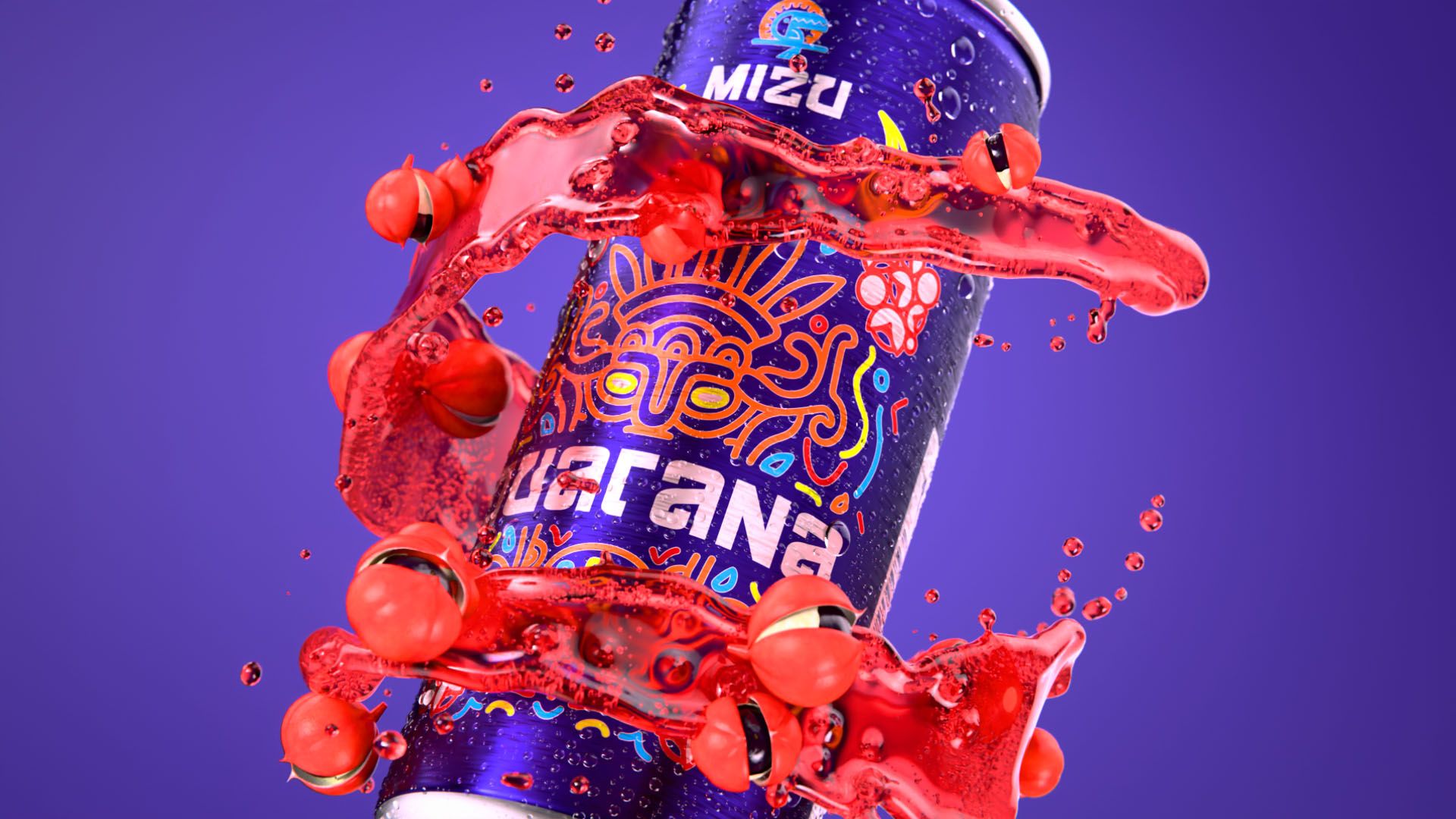 Dark blue MIZU Guarana drink can with an orange Aztec-style illustration, wrapped in a dynamic red guarana-berry liquid splash on a purple background, 3D CGI product render