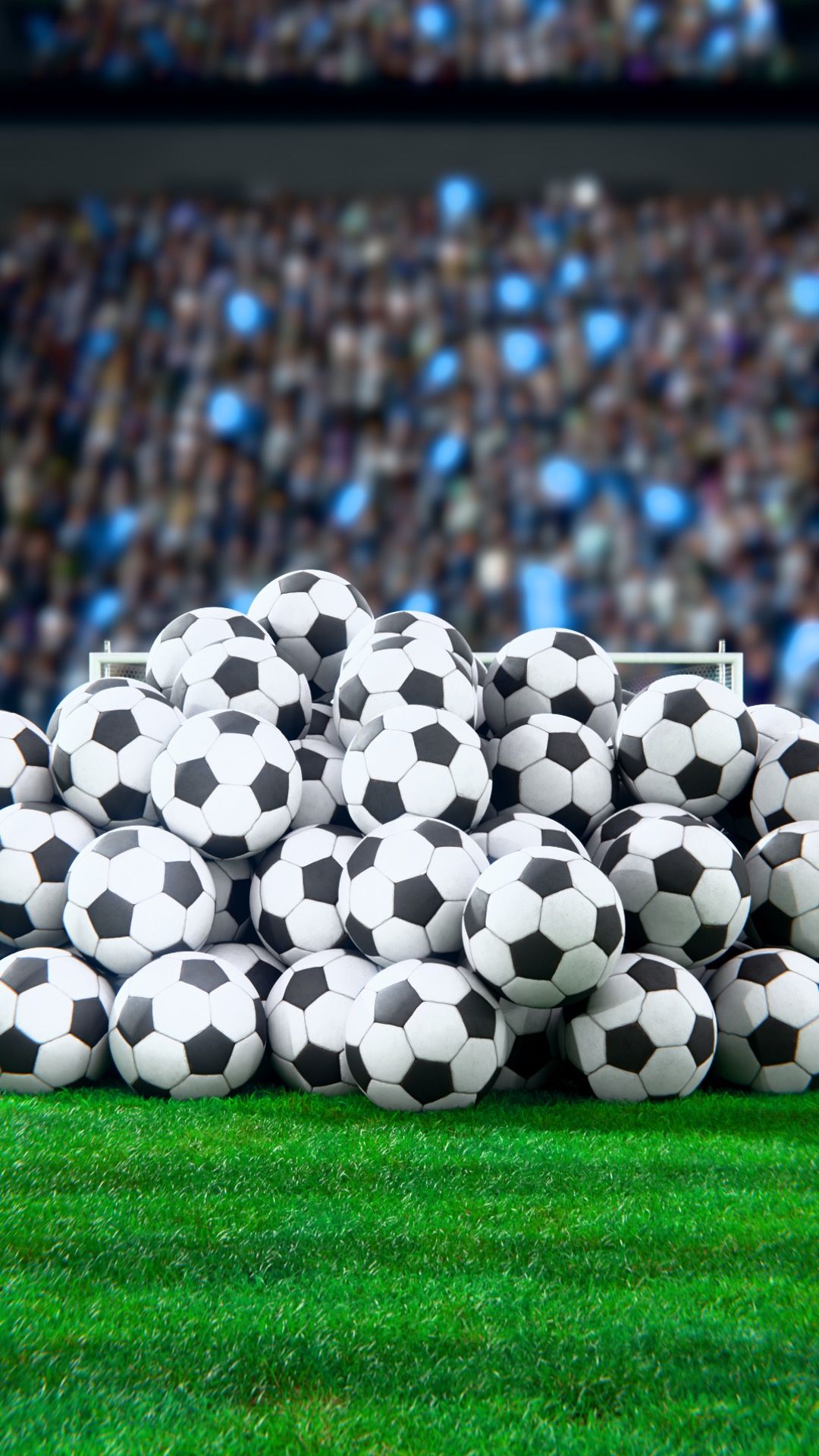 A pile of footballs stacked in front of a goal on a floodlit stadium pitch with a blurred crowd in the stands, vertical 3D CGI render from the Vitamizu Maradona campaign