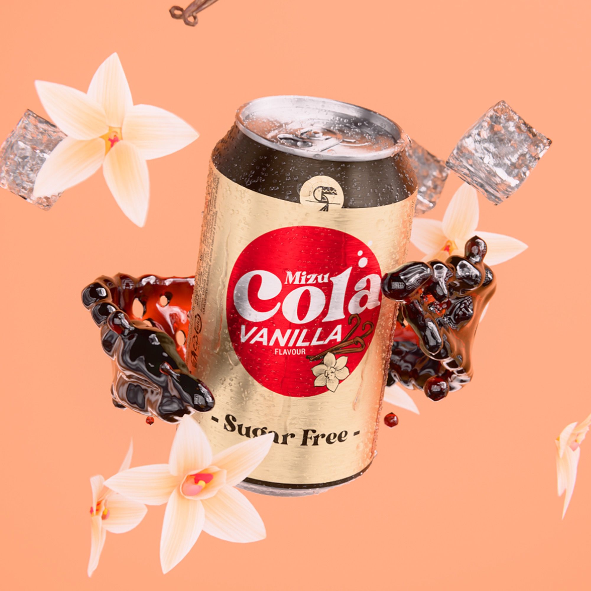 Vitamizu Mizu Cola Vanilla sugar-free can floating among vanilla orchid flowers, ice cubes and swirls of splashing cola on a peach background, 3D CGI product render