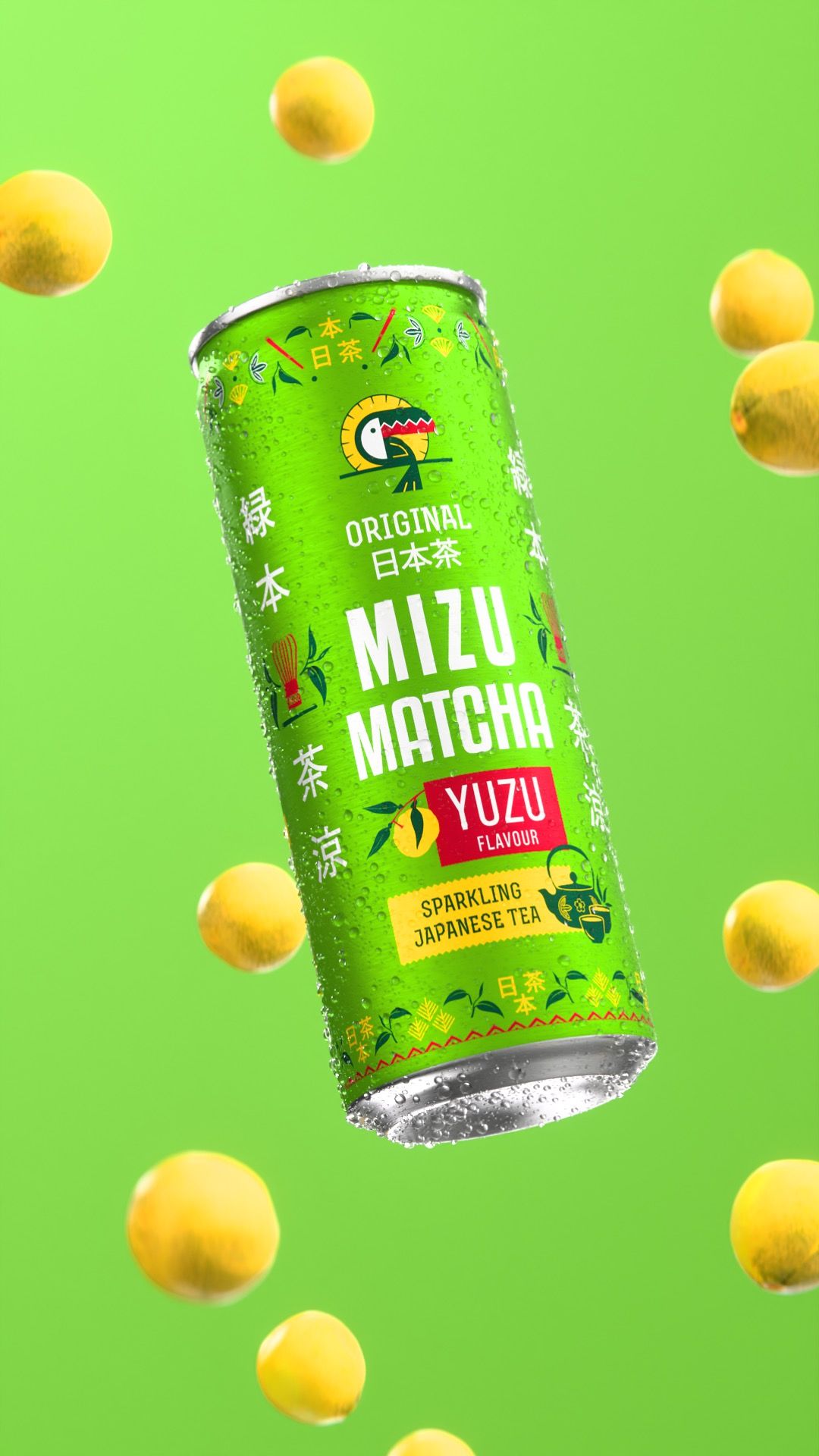 Vitamizu Mizu Matcha Yuzu green can, sparkling Japanese tea, floating among yellow yuzu fruits on a green background, vertical 3D CGI product render