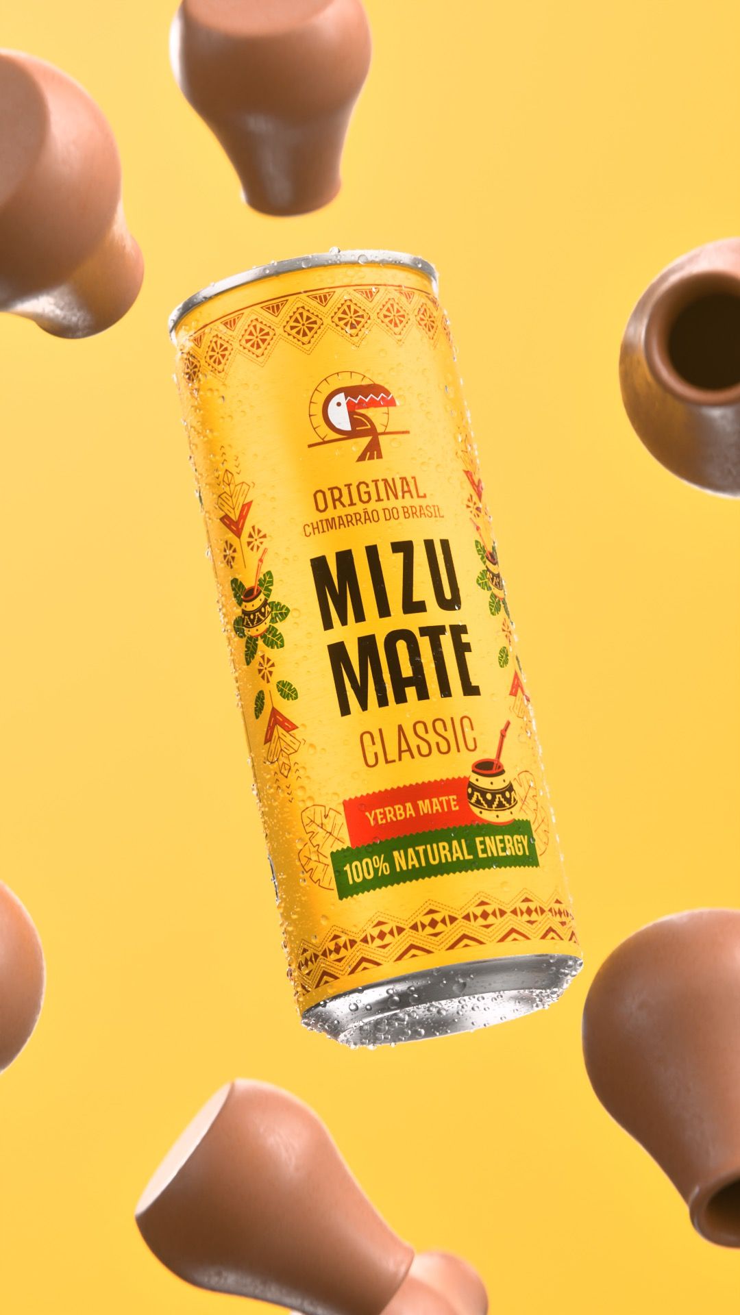 Vitamizu Mizu Mate Classic yellow can, original chimarrão yerba mate, floating among terracotta mate gourds on a yellow background, vertical 3D CGI product render