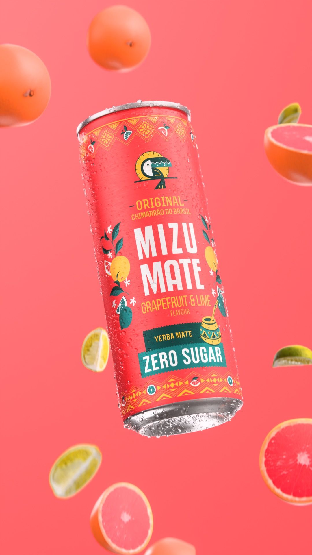 Vitamizu Mizu Mate Grapefruit & Lime zero-sugar yerba mate can tumbling among grapefruit and lime halves on a coral background, vertical 3D CGI product render