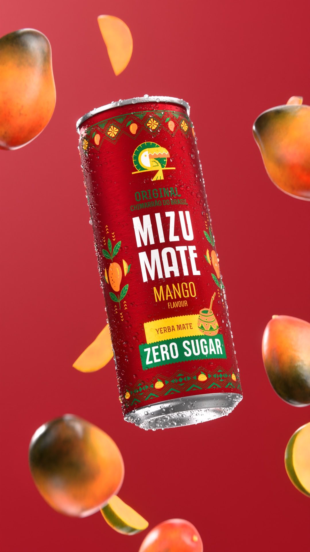 Vitamizu Mizu Mate Mango zero-sugar yerba mate can tumbling among whole and sliced mangoes on a deep red background, vertical 3D CGI product render