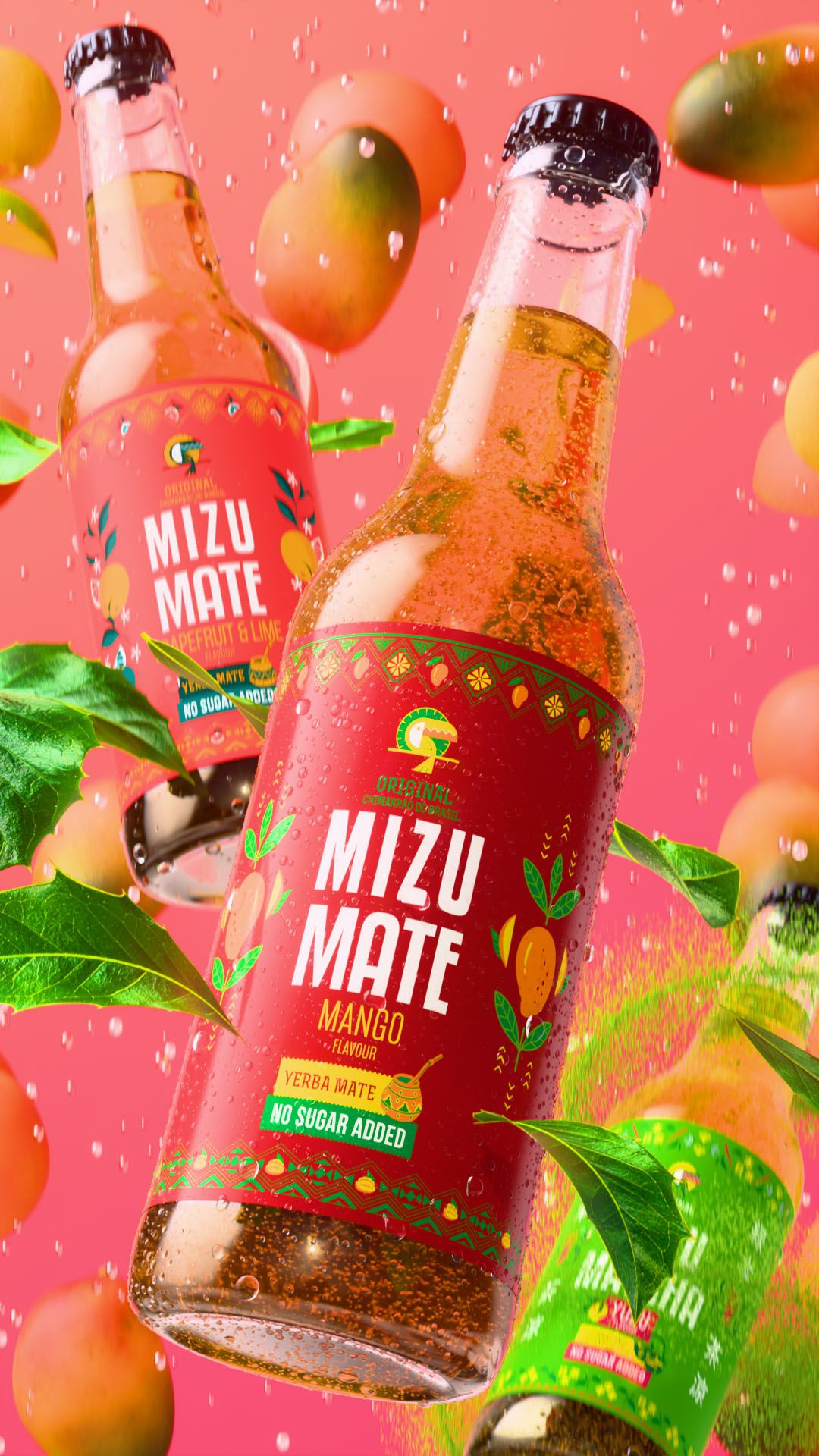 Two glass Vitamizu Mizu Mate yerba mate bottles, Mango in front, Grapefruit & Lime behind, among ripe mangoes, green leaves and water droplets on a pink background, 3D CGI product render